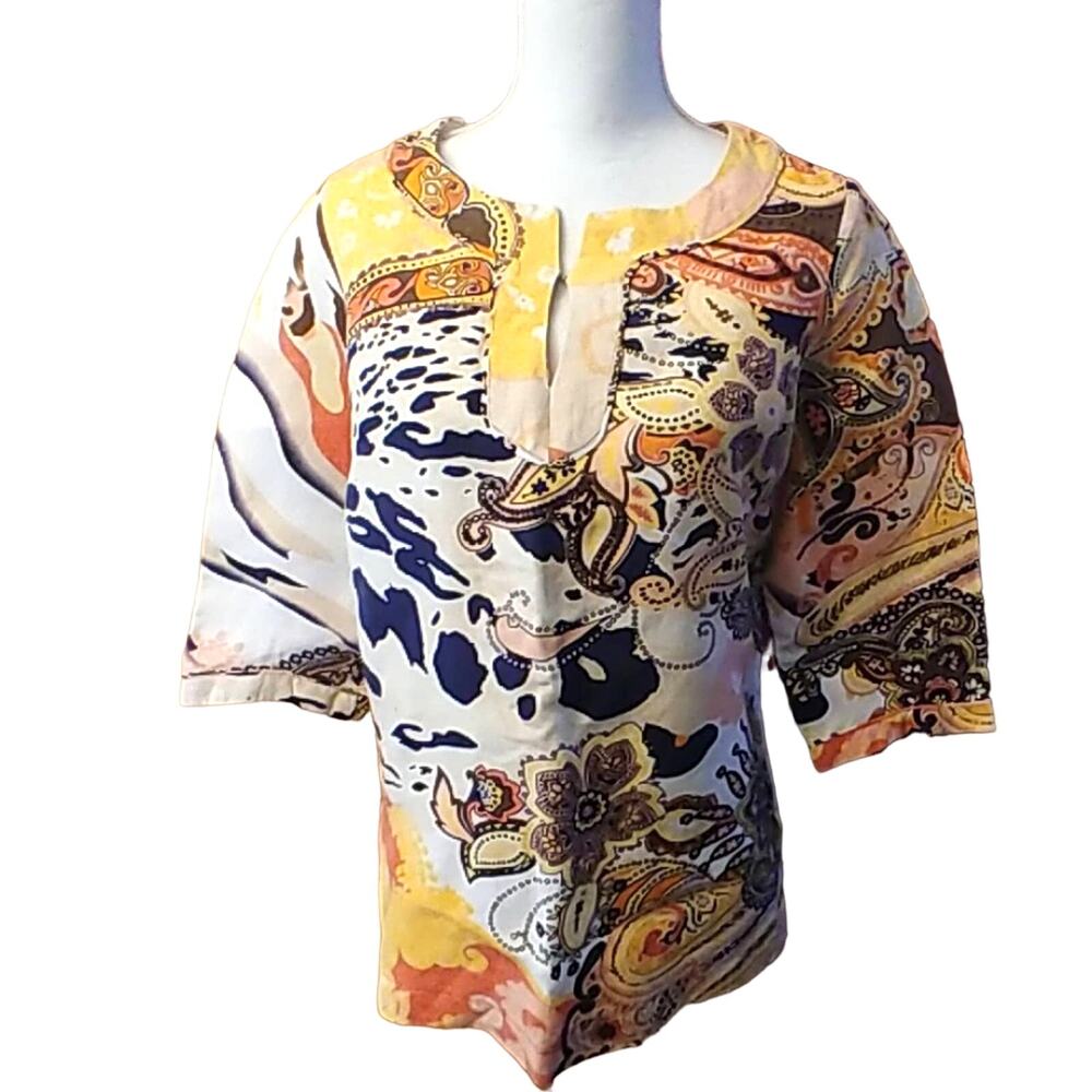 Sabrina Lauren Blouse Top Linen Blend Abstract Medium Short Sleeve